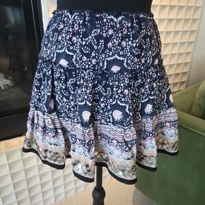 Free People Boho Fairy Navy & Pink Floral Sequin Tiered Mini Skirt, Size Small